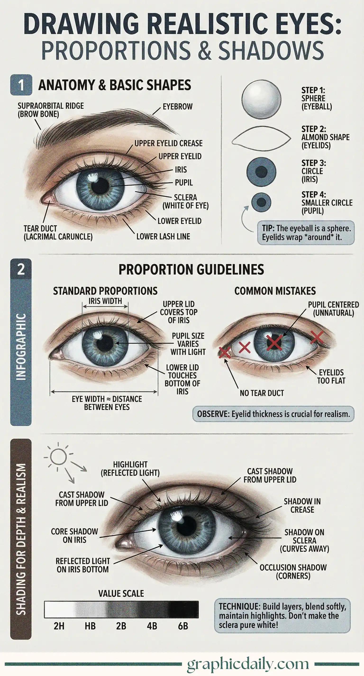 Master eye proportions and shadow techniques for lifelike drawings